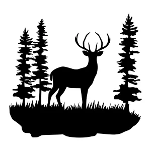 Silhouette Deer in Forest - Black & White Vector