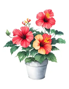 Hibiscus Flowers in Silver Pot - Watercolor Illustration