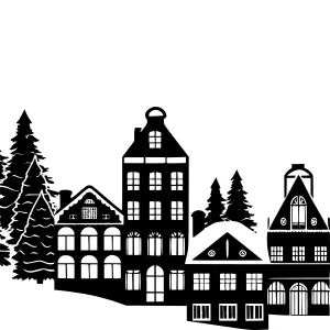 Black Silhouette Townscape with Pine Trees