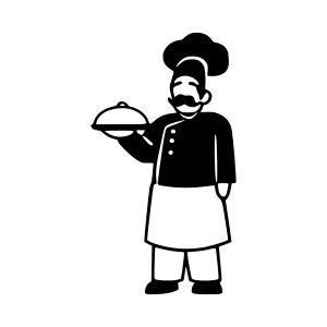 Chef Holding Tray - Black & White Illustration