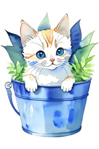 Watercolor Kitten in Blue Bucket with Plants