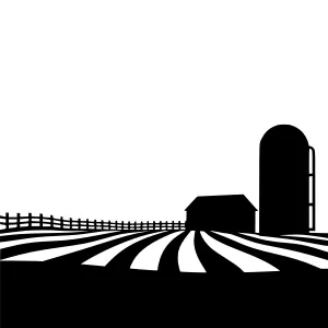 Black & White Farm Landscape Silhouette