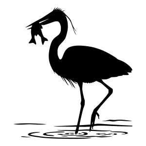 Silhouette Crane Fishing - Black & White Vector