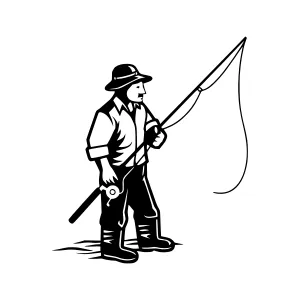 Vintage Fisherman Illustration - Black & White Line Art