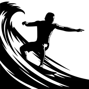 Silhouette Surfer Riding Wave - Black & White Vector