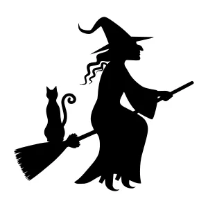 Silhouette Witch Flying on Broom with Cat