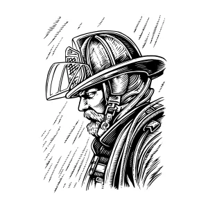 Vintage Firefighter Illustration - Black & White Line Art