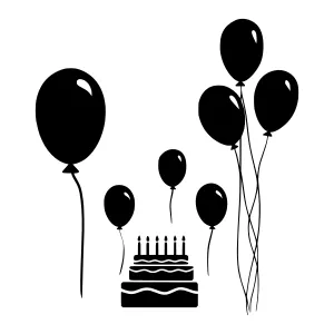 Black Balloons & Birthday Cake Illustration