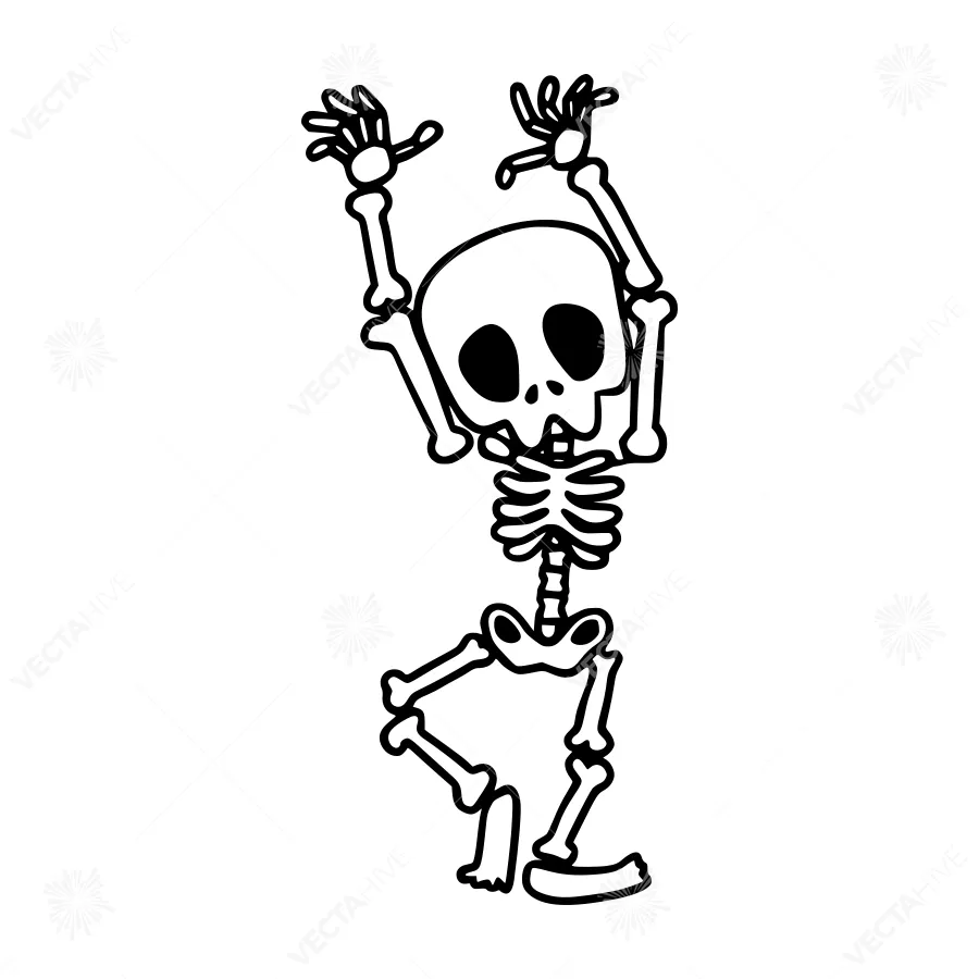 Cartoon Skeleton Dancing - Black & White Illustration