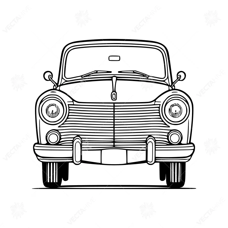 Vintage Car Illustration - Black & White Line Art