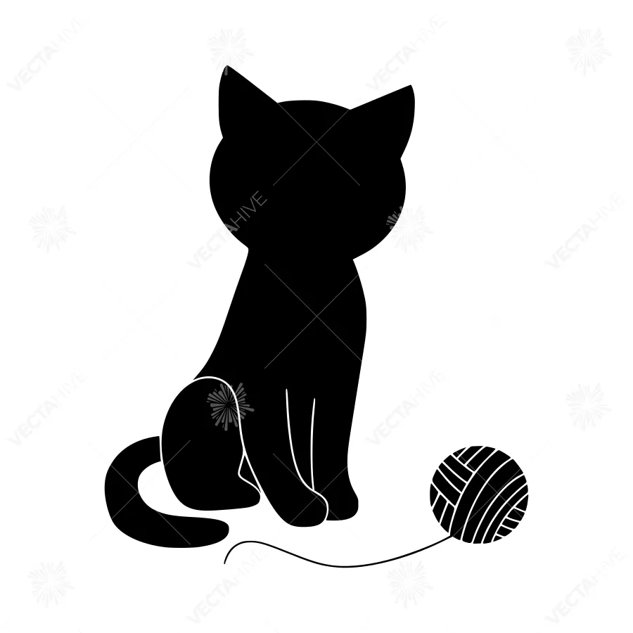 Cute Black Cat Silhouette with Yarn Ball