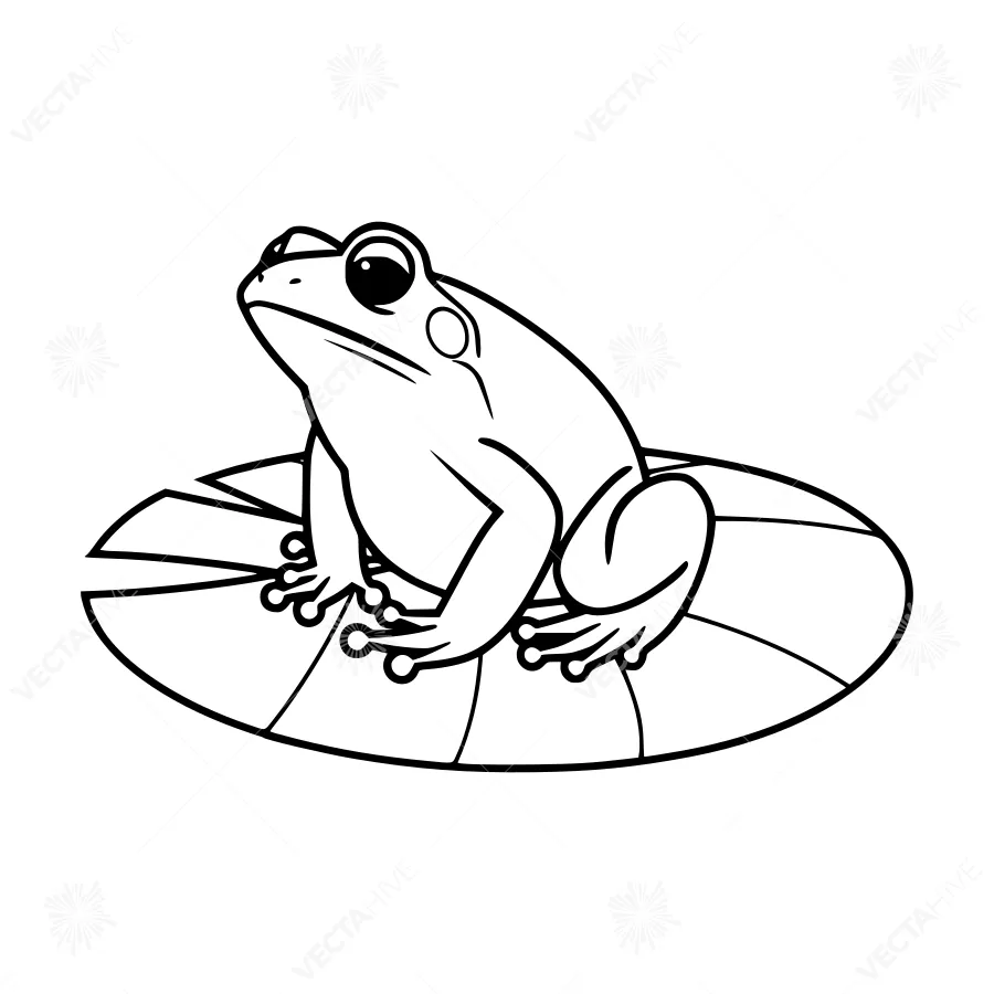 Cartoon Frog on Lotus Leaf - Black Outline