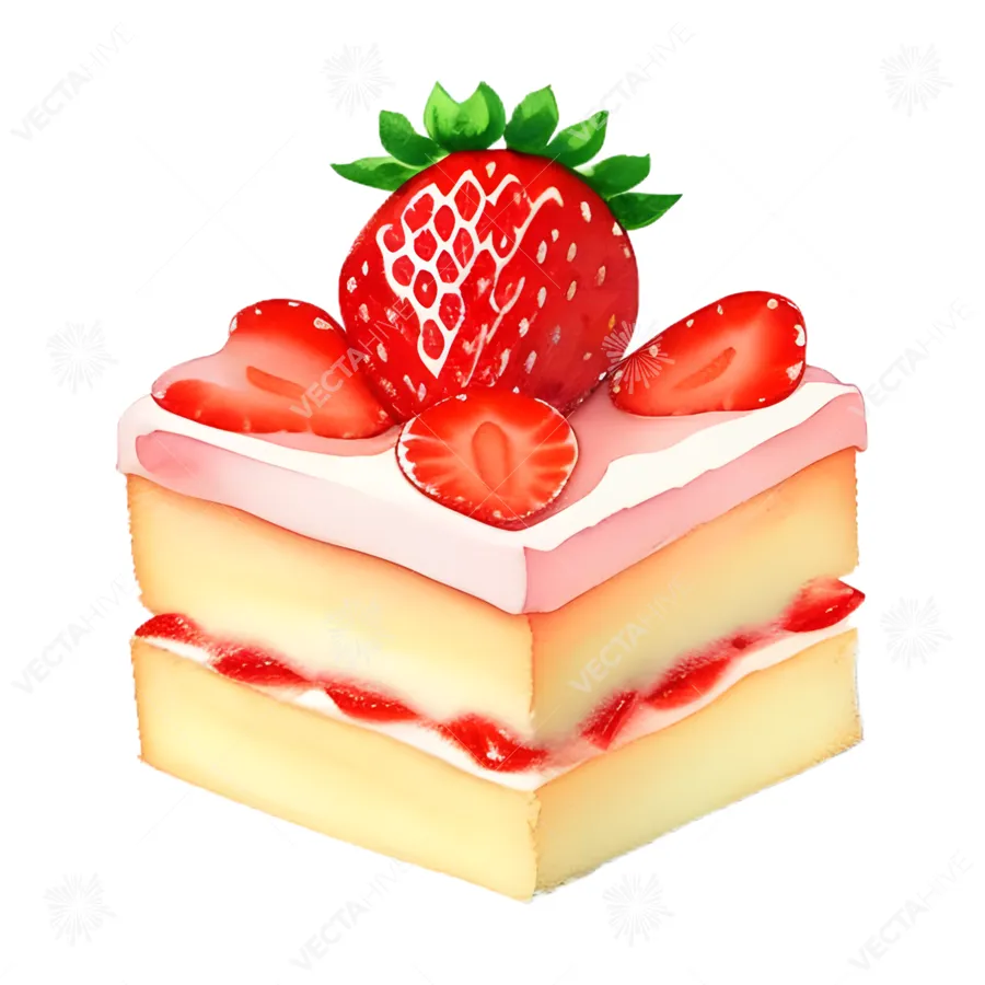 Watercolor Strawberry Cake Slice - Delicious Dessert Illustration