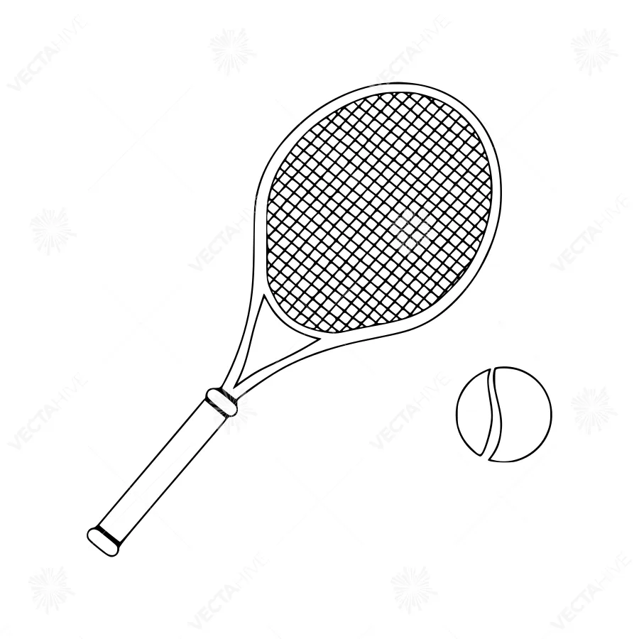 Tennis Racket & Ball - Line Art Illustration