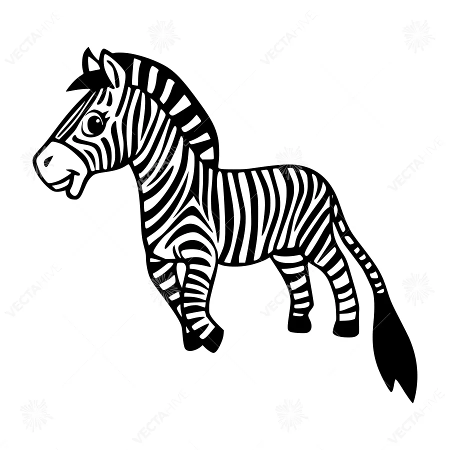 Cute Cartoon Zebra Illustration - Black & White Vector