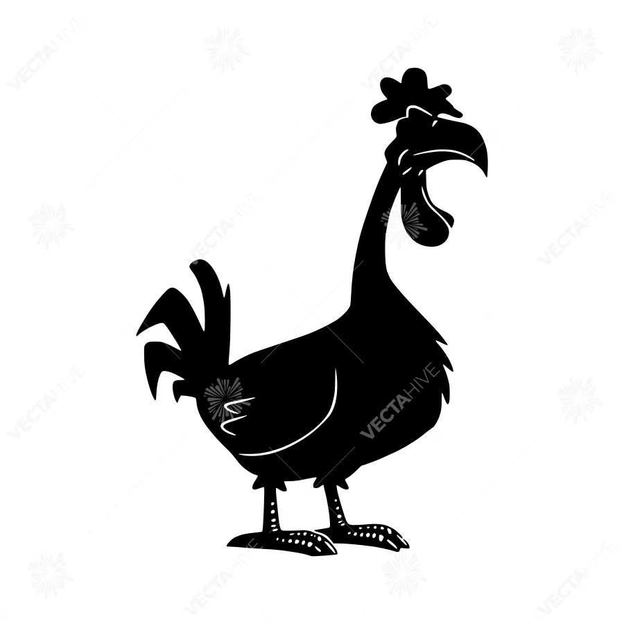 Cartoon Rooster Silhouette Black on White