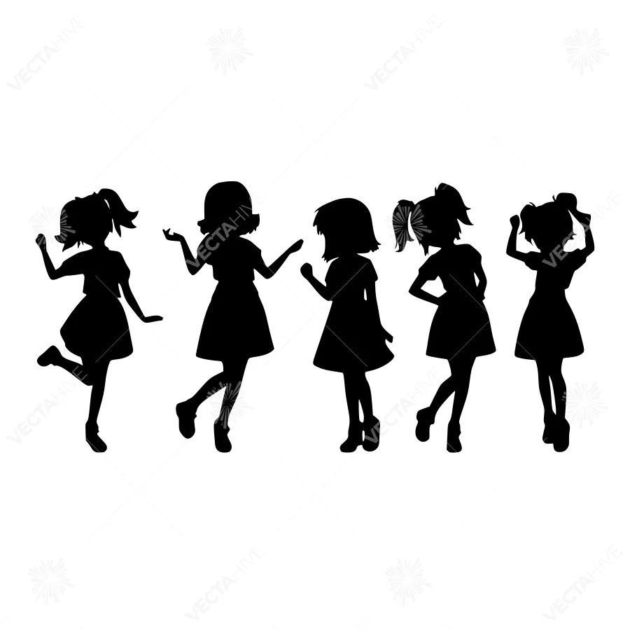 Silhouette Girls Dancing - Black & White Vector