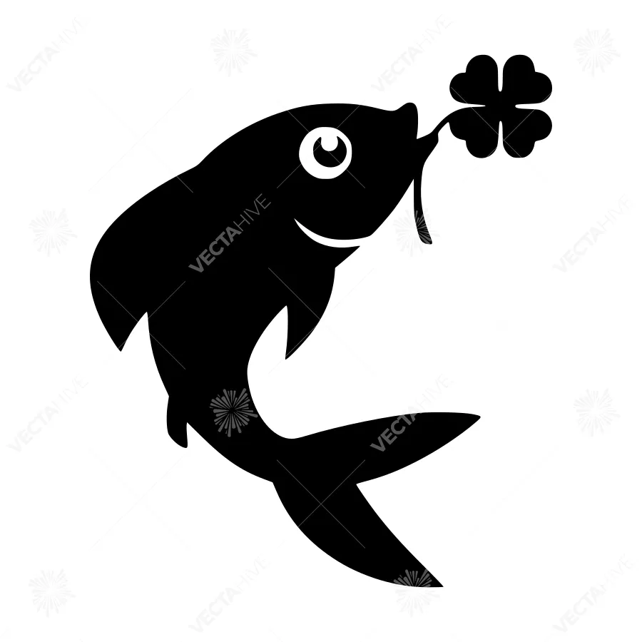 Black Fish Silhouette with Shamrock - Vector Icon