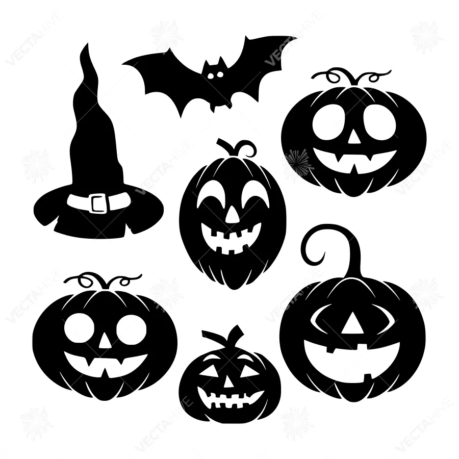 Halloween Silhouettes - Jack O Lanterns, Bat & Witch Hat