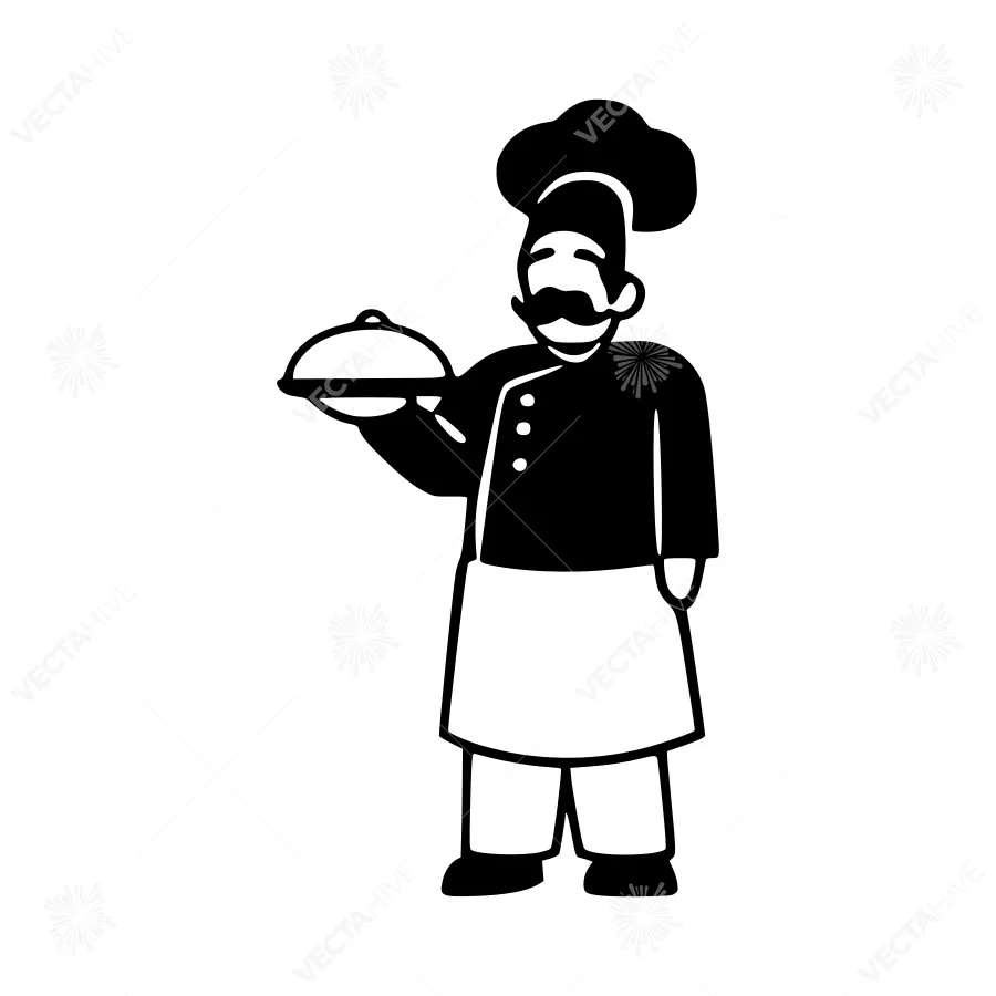 Chef Holding Tray - Black & White Illustration