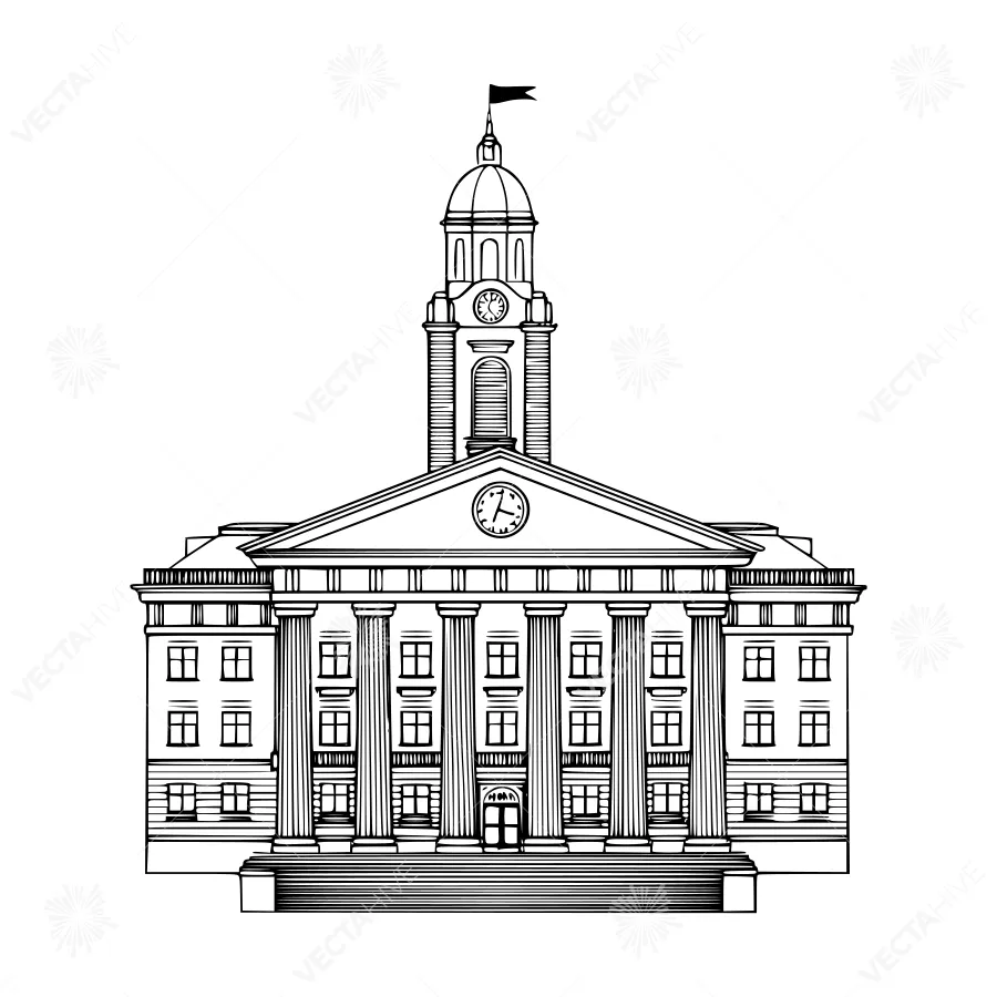 Detailed Black & White Town Hall Illustration