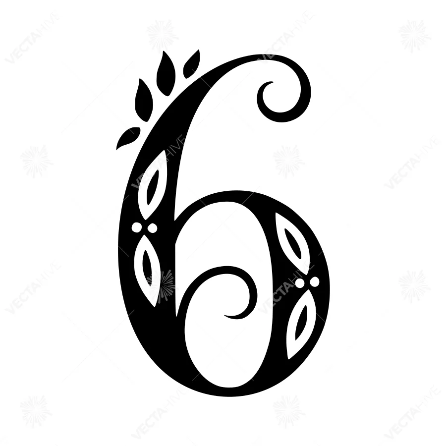 Elegant Black Letter '6' with Floral Design