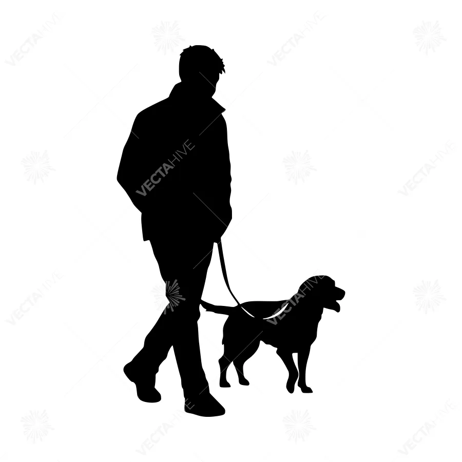 Silhouette Man Walking Dog - Black Outline