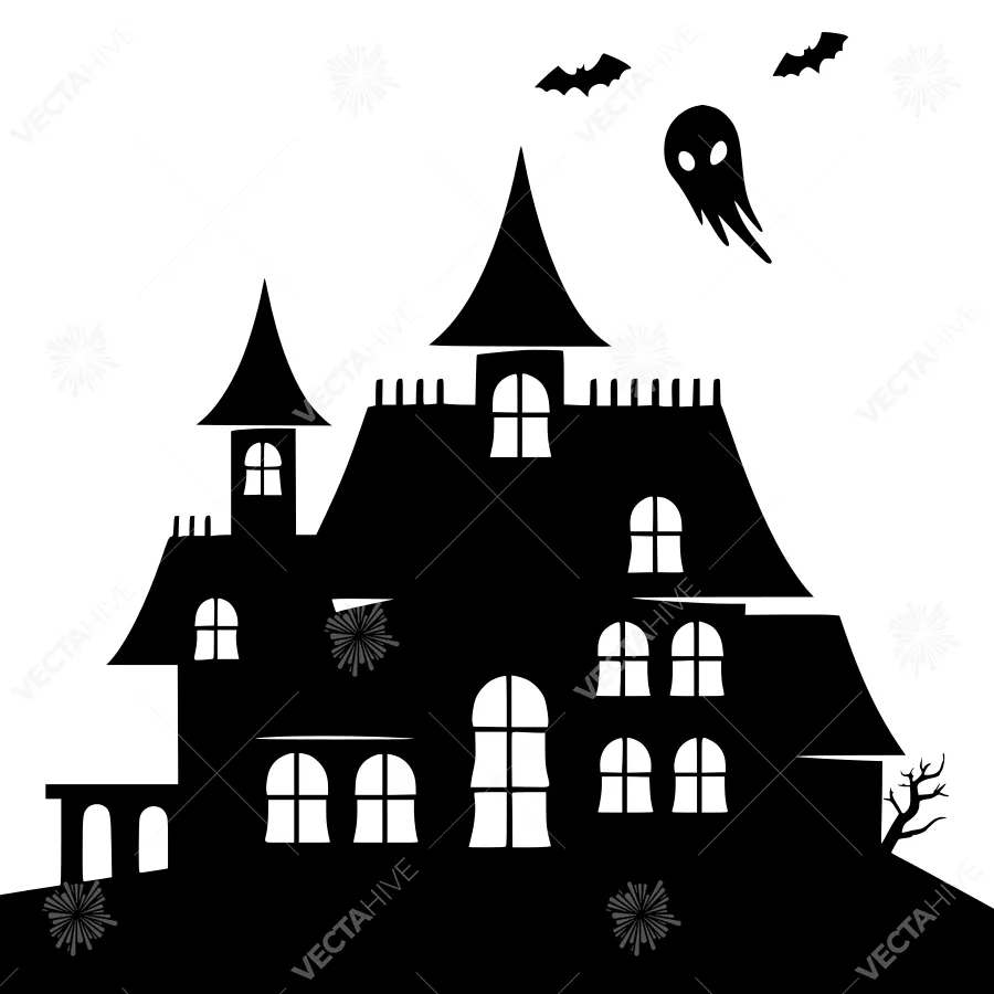 Halloween Castle Silhouette - Black & White Vector