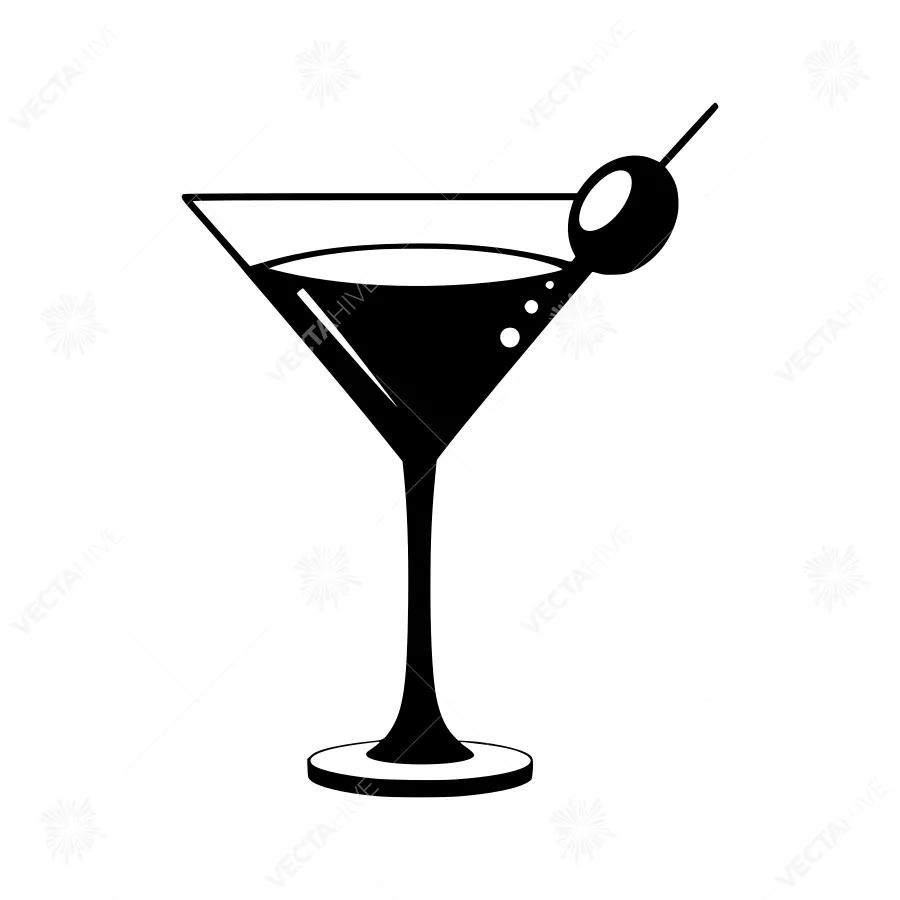 Black Martini Glass with Olive - Vector Illustration