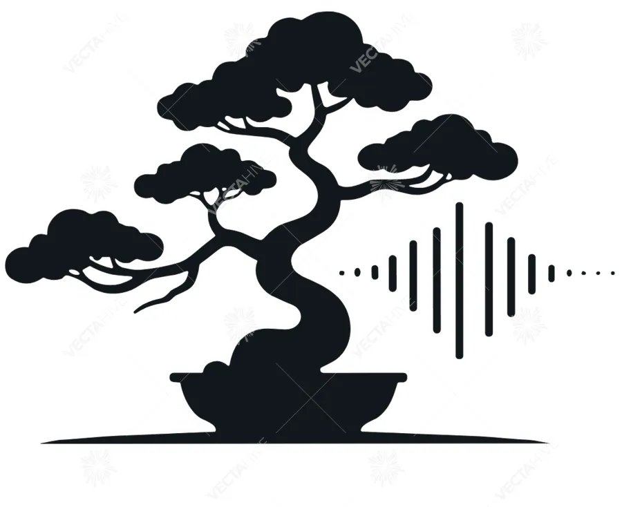 Black Silhouette Bonsai Tree with Sound Waves