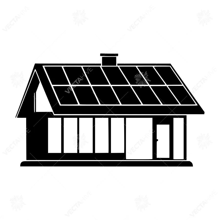 Black Silhouette House with Solar Panels - Icon