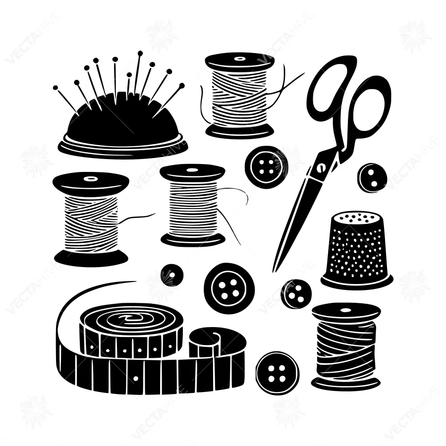 Sewing Supplies Icon Set - Black & White Vector