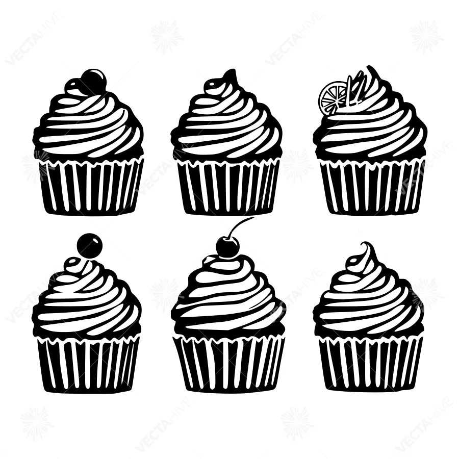 Set of Black & White Cupcakes - Vector Illustration