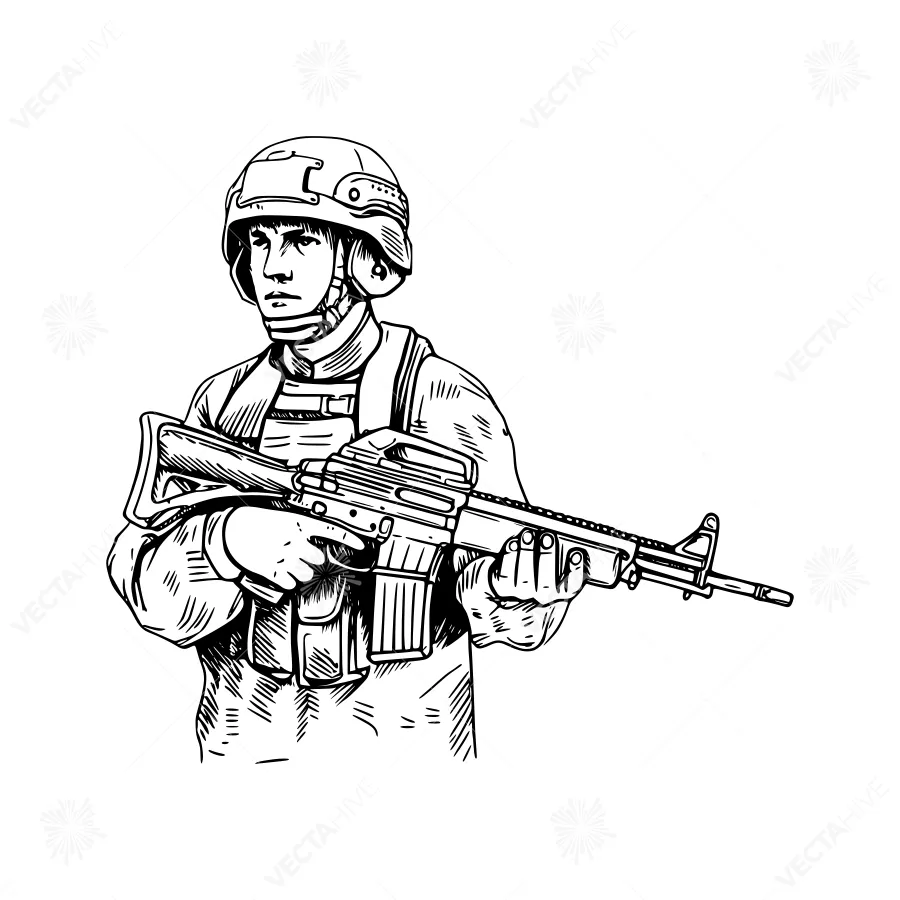 Military Soldier Sketch - Black & White Illustration