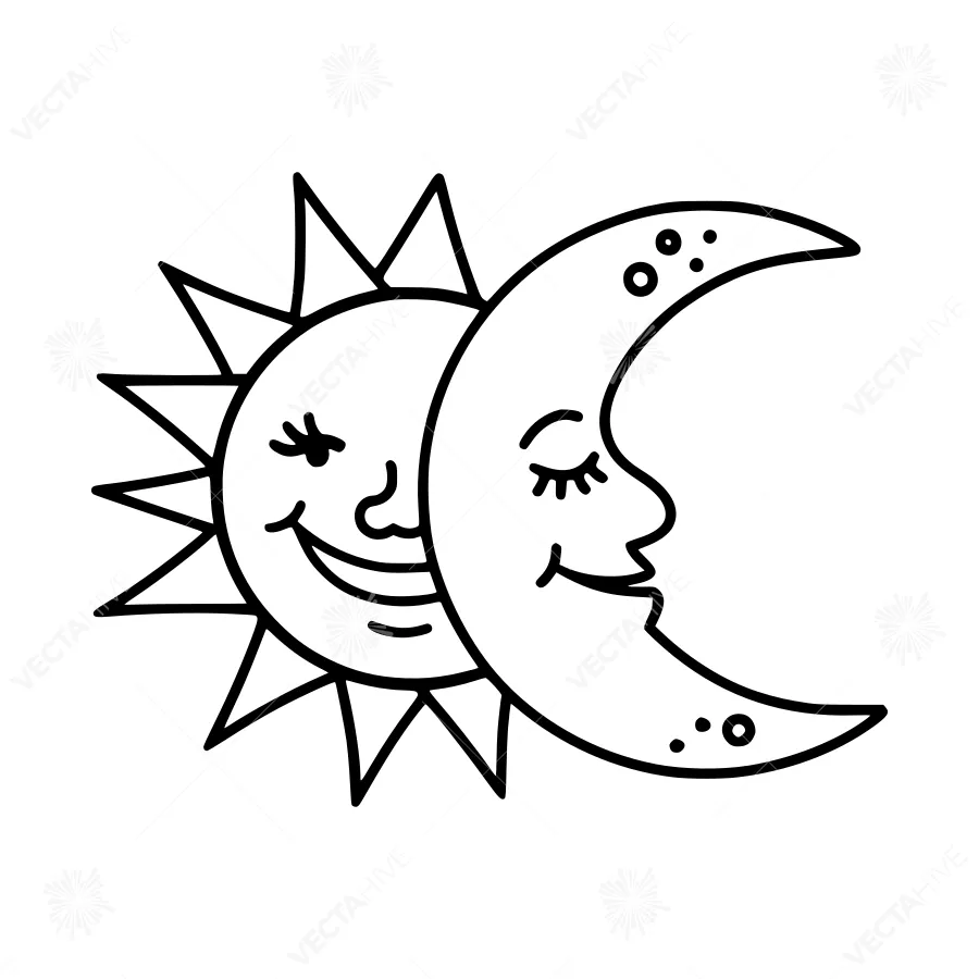 Cute Sun and Moon Illustration - Line Art