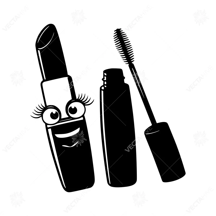 Cute Lipstick & Mascara Illustration - Black Silhouette
