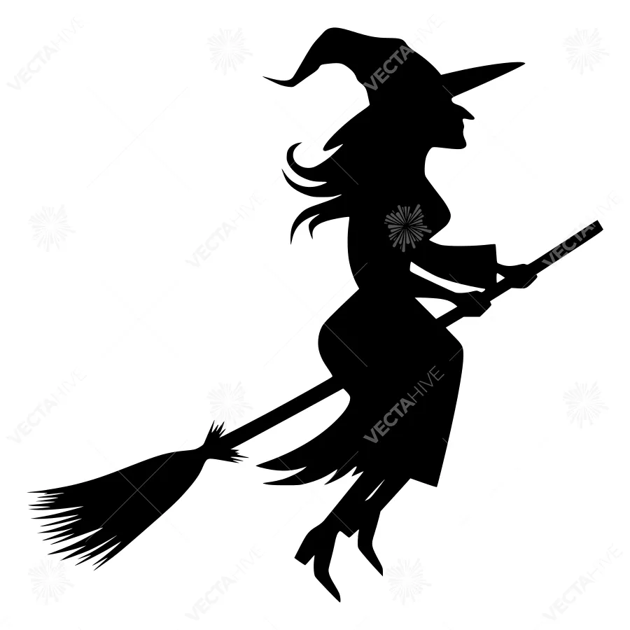 Silhouette Witch Flying on Broomstick