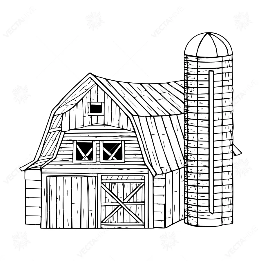 Vintage Barn Illustration - Black & White Line Art