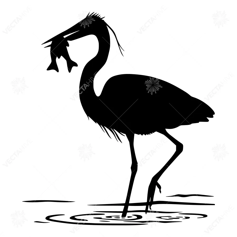 Silhouette Crane Fishing - Black & White Vector