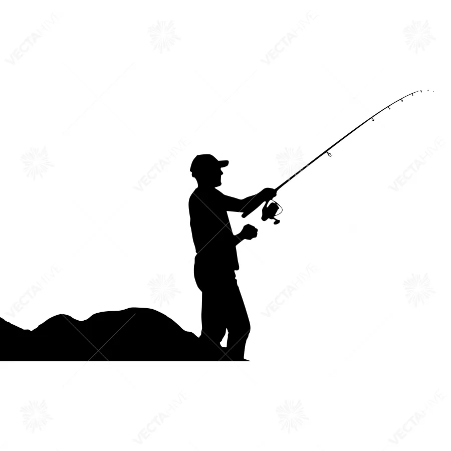 Silhouette Fisherman Fishing - Vector Illustration