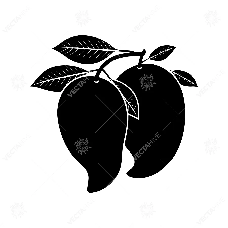 Black Silhouette Mango Fruits with Leaves