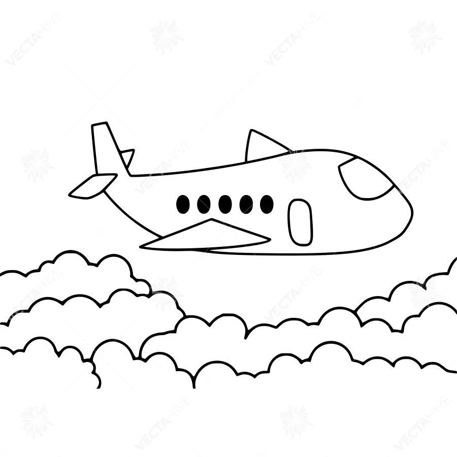 Simple Airplane in Clouds - Line Art Illustration