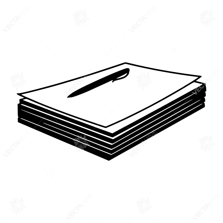 Stack of Documents with Pen - Black & White Vector