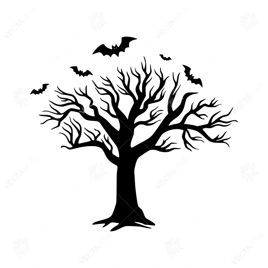 Black Tree Silhouette with Bats - Halloween Design