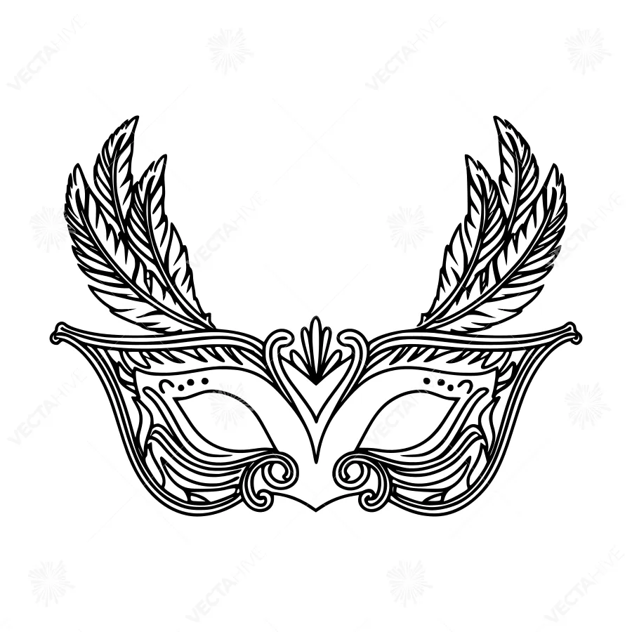 Elegant Venetian Mask with Feathers - Black & White Vector
