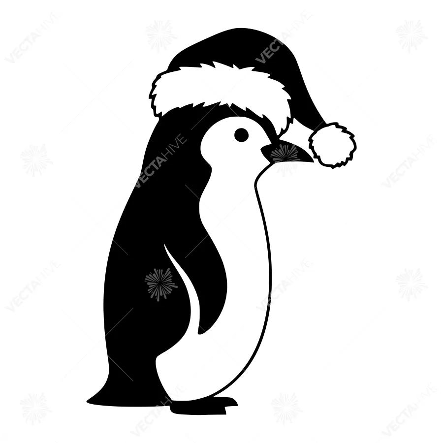 Black & White Penguin Santa Illustration
