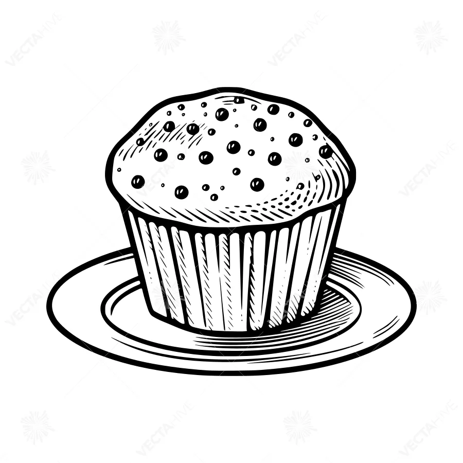Vintage Line Art Cupcake on Plate