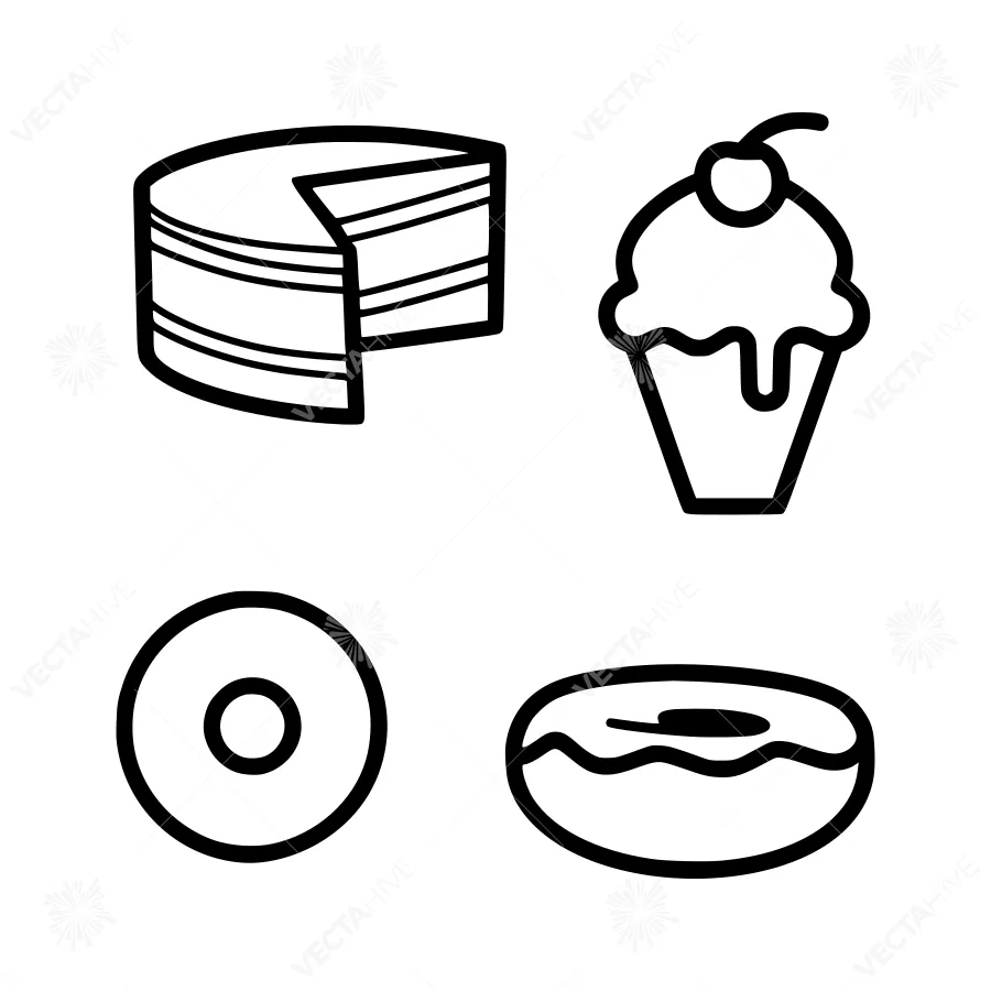 Dessert Icons - Cake, Cupcake, Donut Outline