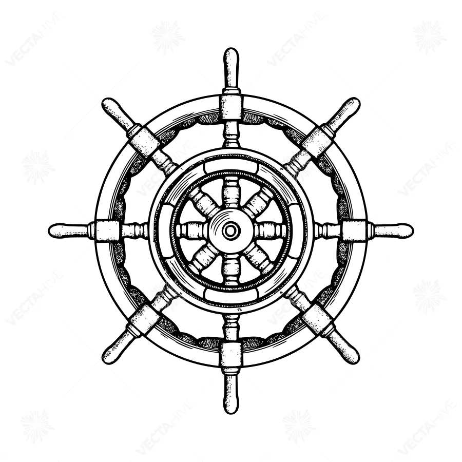 Vintage Ship Wheel Illustration - Black & White