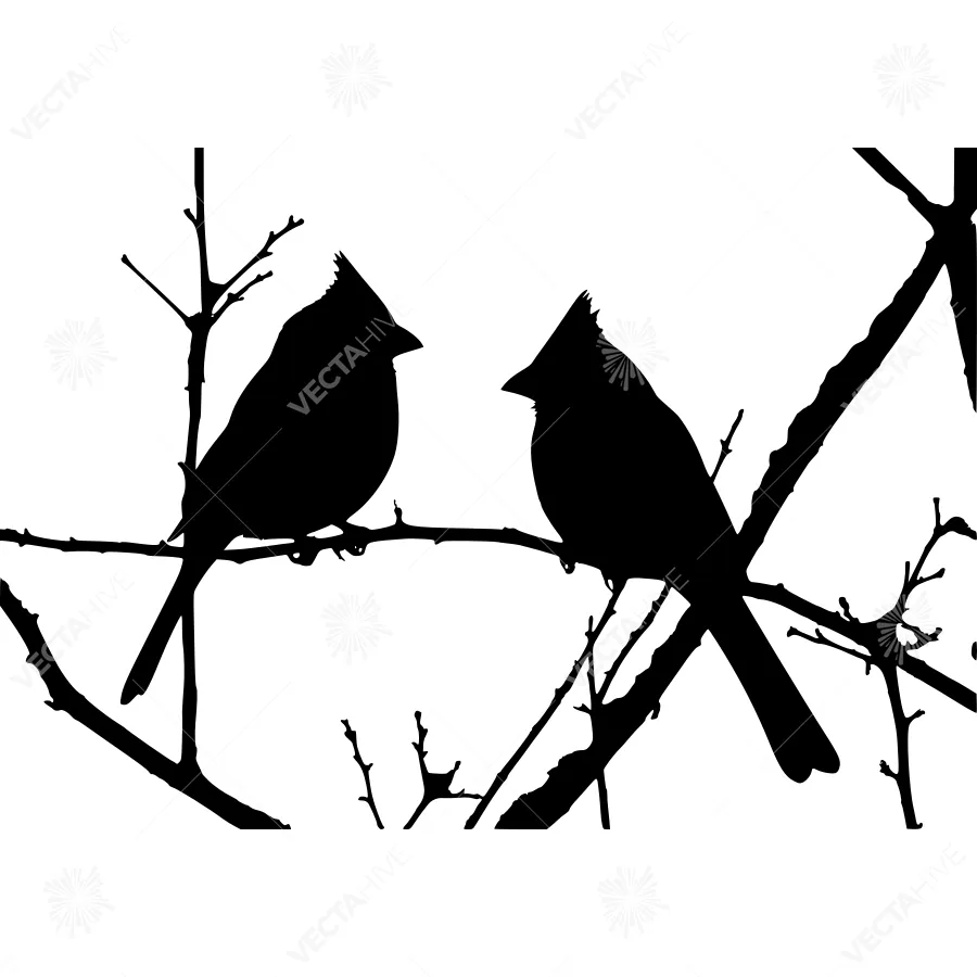 Silhouette Cardinals on Branch - Black & White